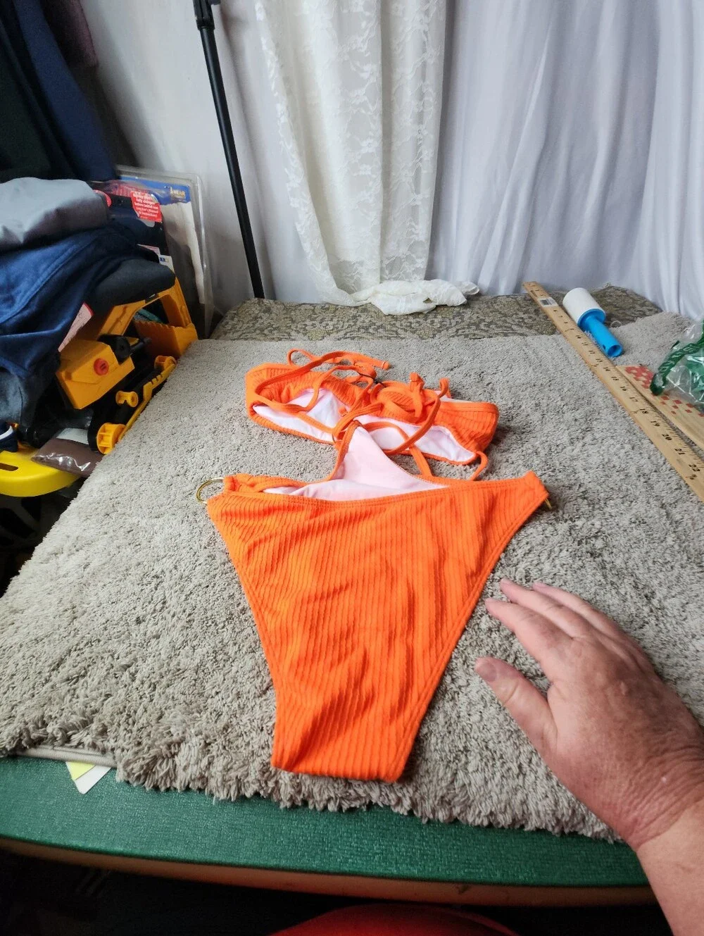 Women's Bright Orange Ribbed Two-Piece Connected Bikini - Flatter Me - L
